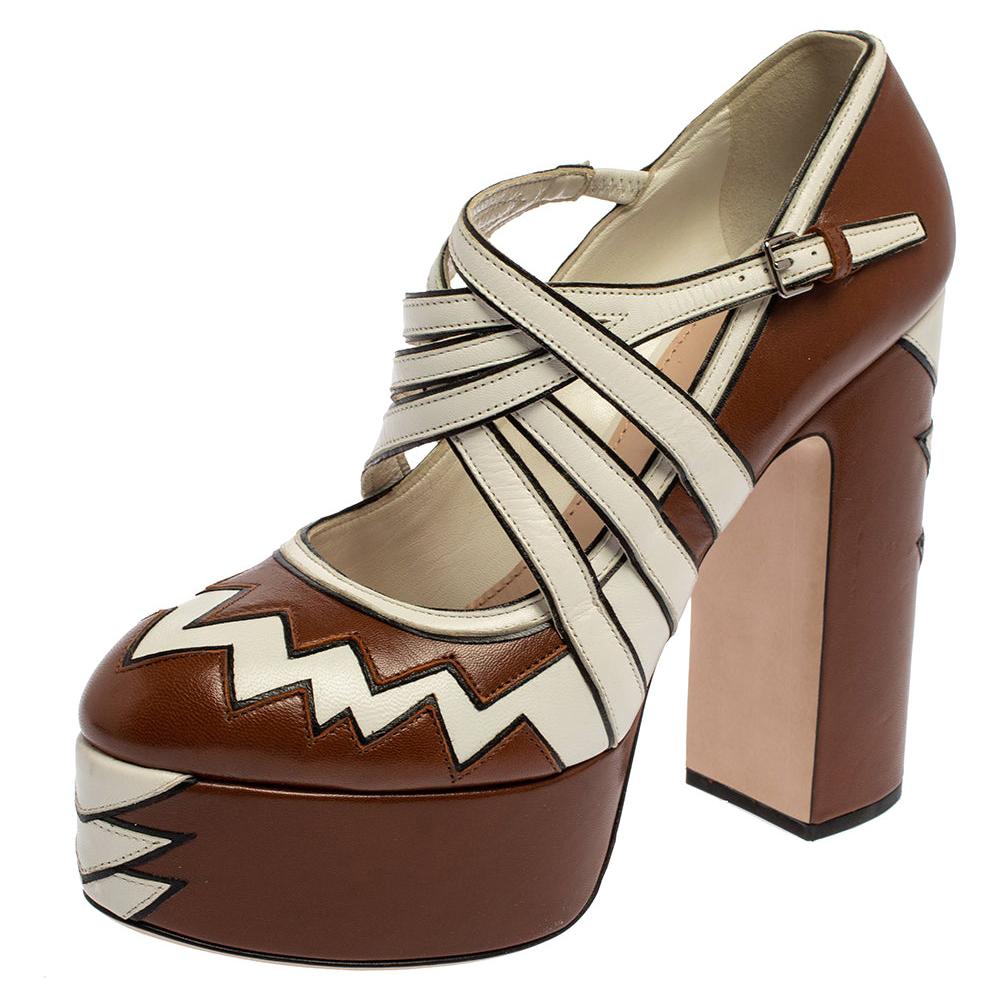 Miu Miu Brown/White Leather Mary Jane Strap Pumps Size 38