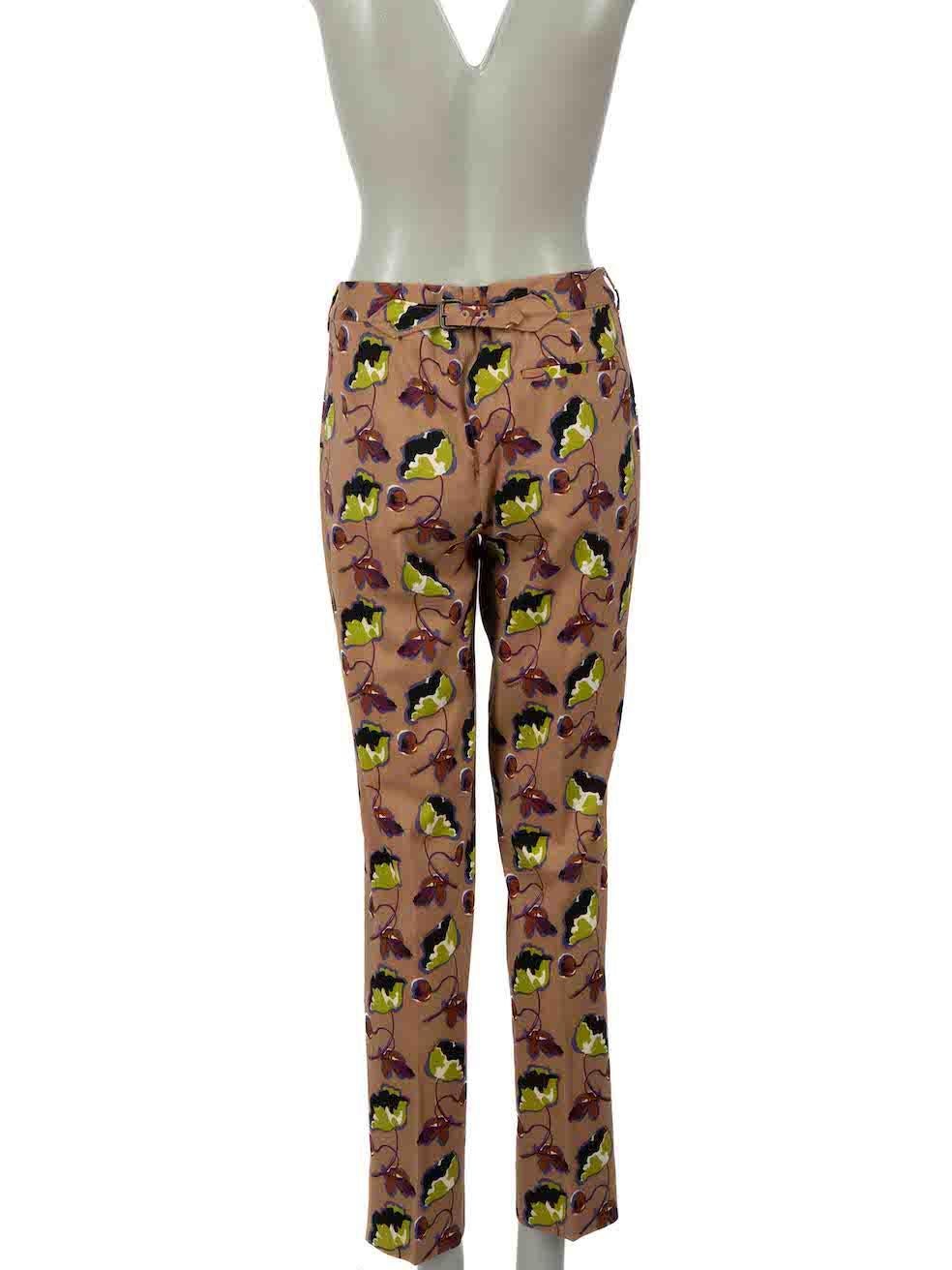 Miu Miu Brown Wool Floral Print Slim Leg Trousers Size L In Excellent Condition For Sale In London, GB