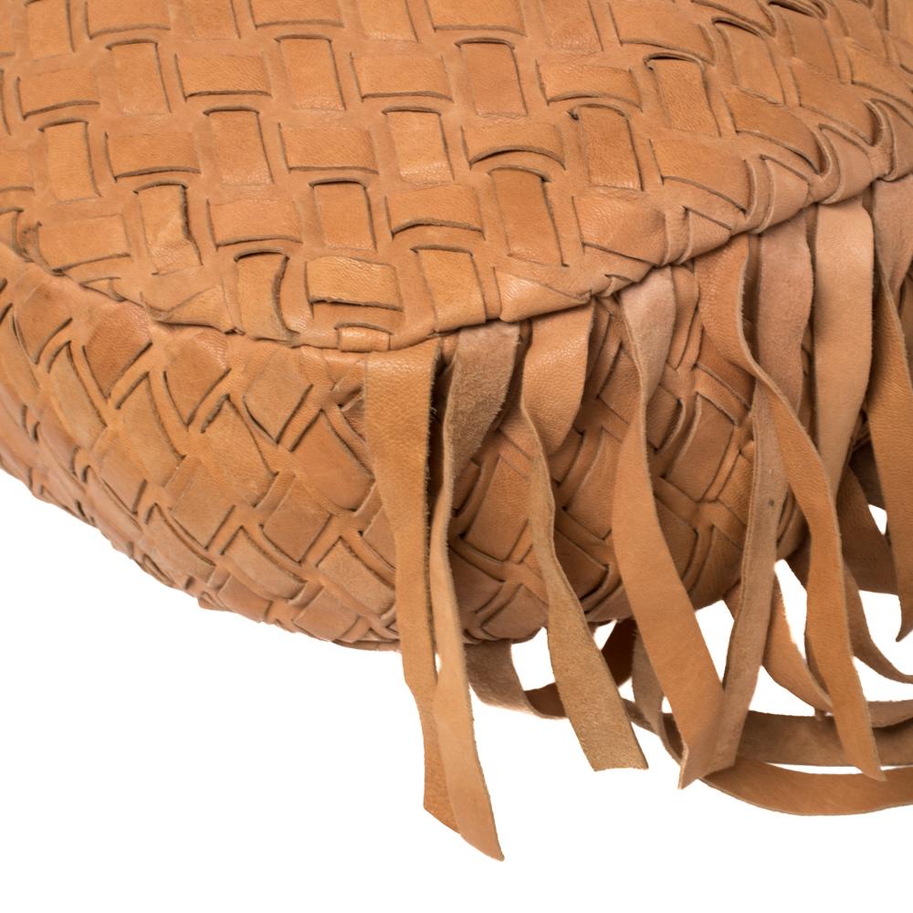 Miu Miu Brown Woven Leather Fringe Hobo In Good Condition In Dubai, Al Qouz 2