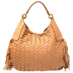 Miu Miu Brown Woven Leather Fringe Hobo