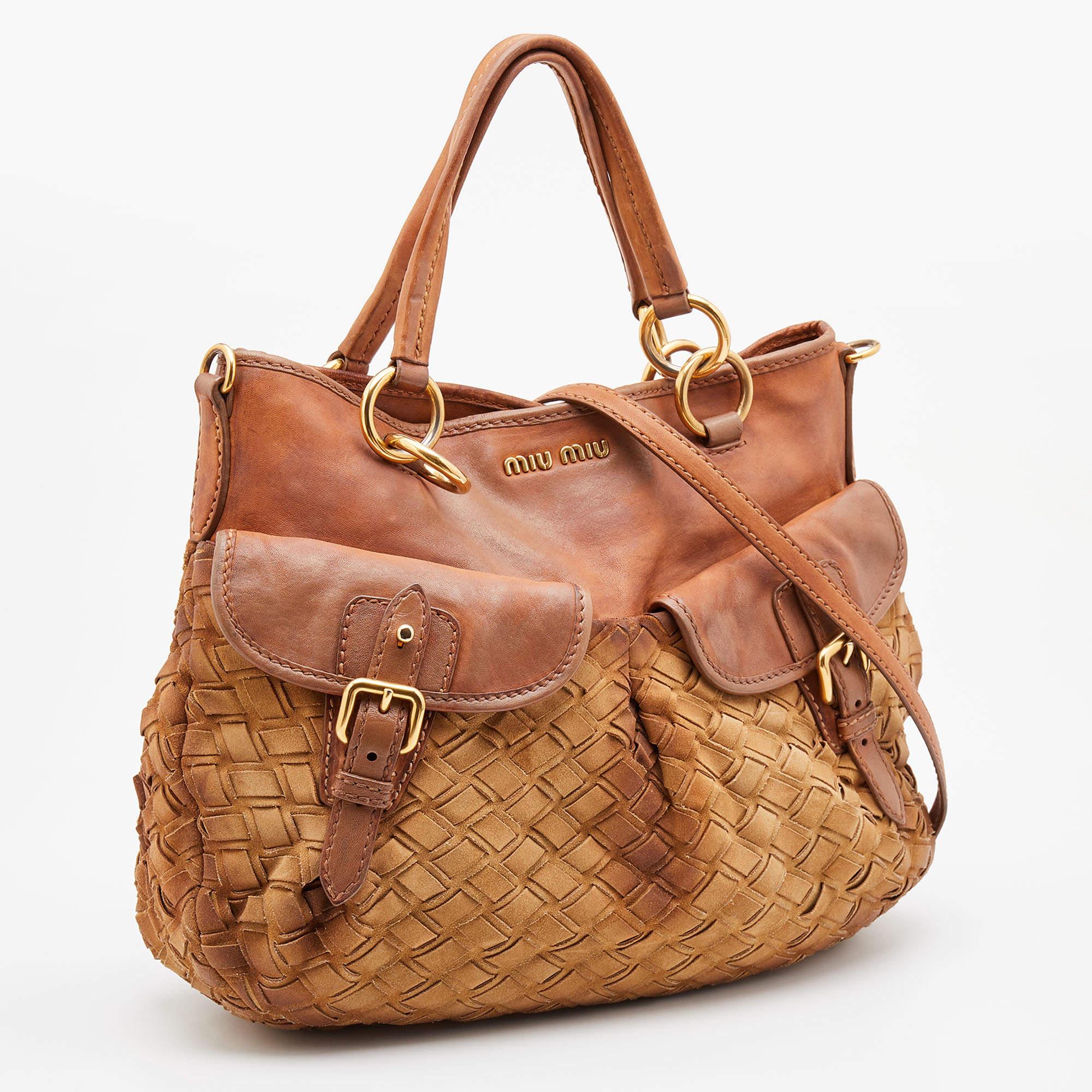 Women's Miu Miu Brown Woven Suede and Leather Satchel For Sale