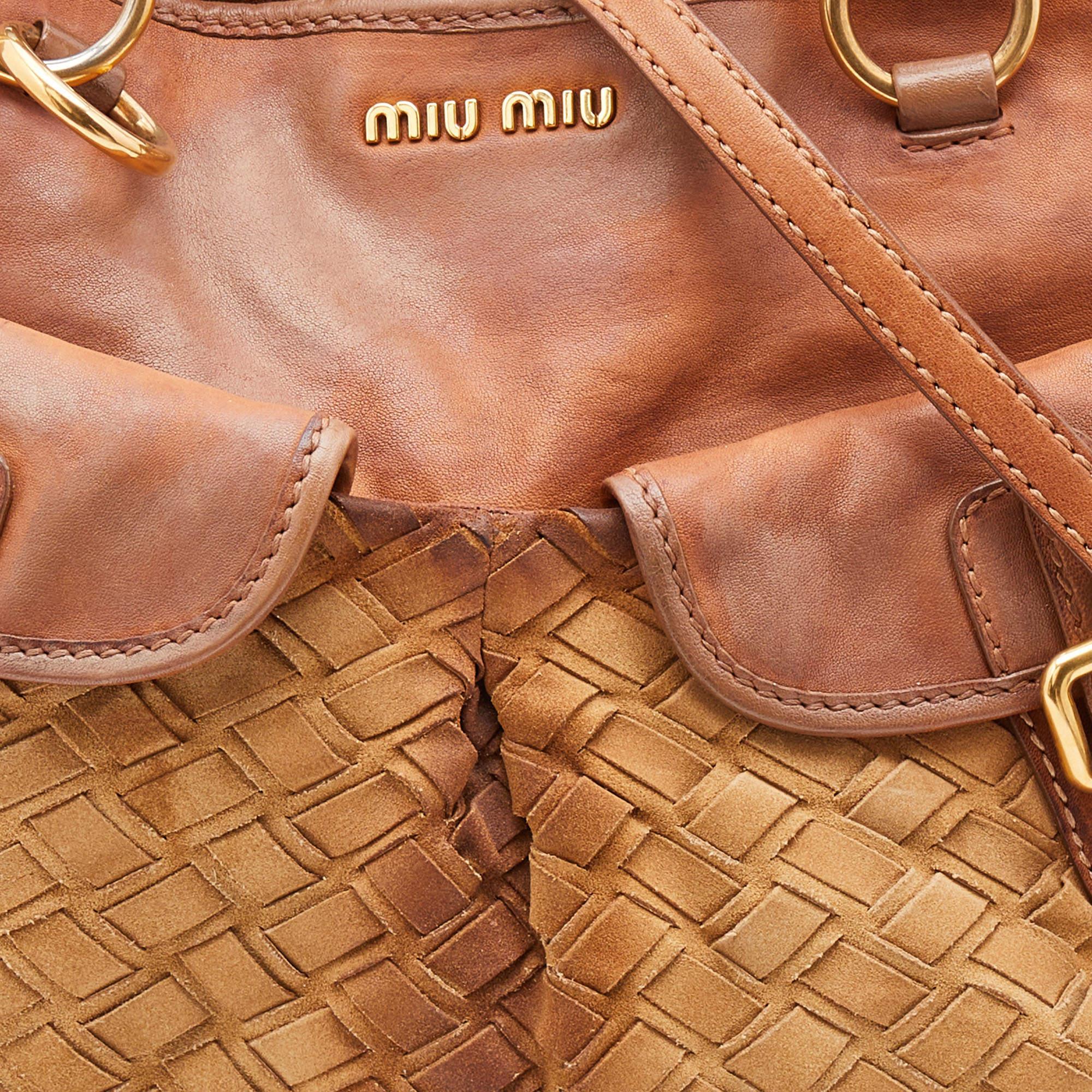 Miu Miu Brown Woven Suede and Leather Satchel For Sale 5