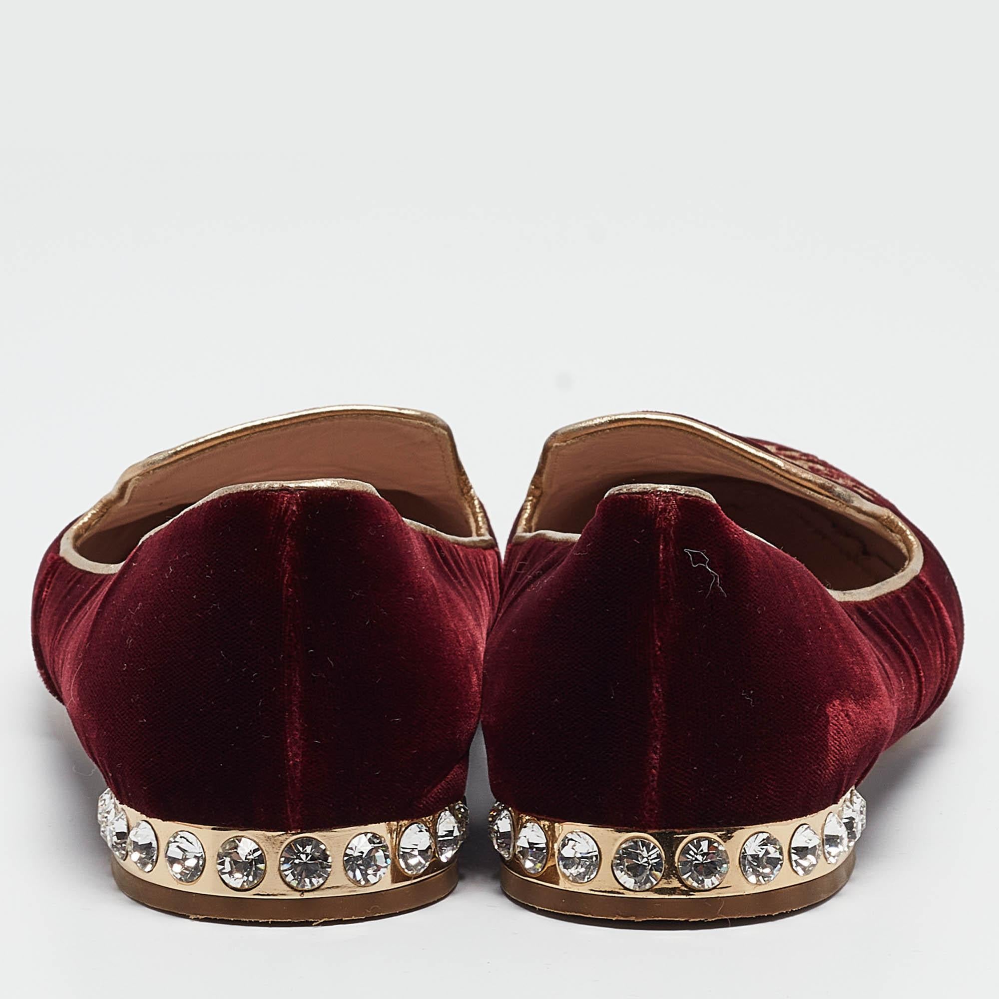 Women's Miu Miu Burgundy Embroidered Velvet Crystal Embellished Smoking Slippers Size 37