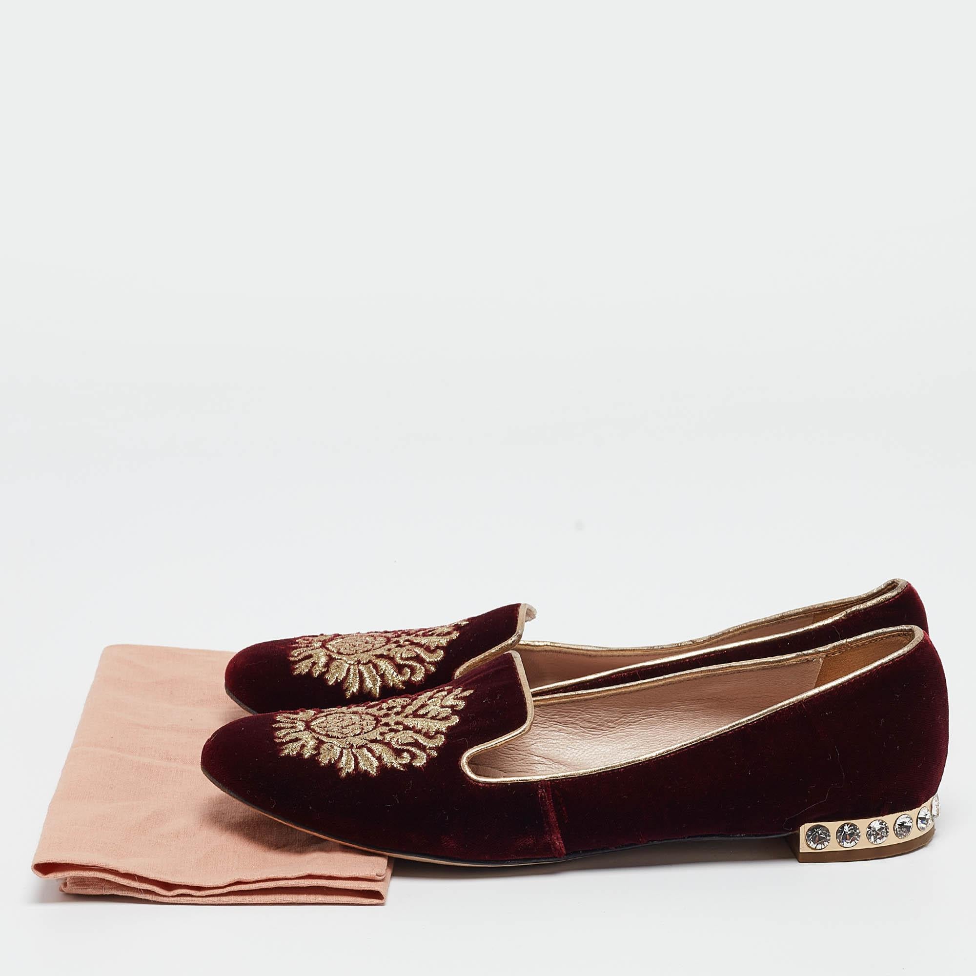 Miu Miu Burgundy Embroidered Velvet Crystal Embellished Smoking Slippers Size 37 4