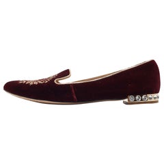 Miu Miu Burgundy Embroidered Velvet Crystal Embellished Smoking Slippers Size 37