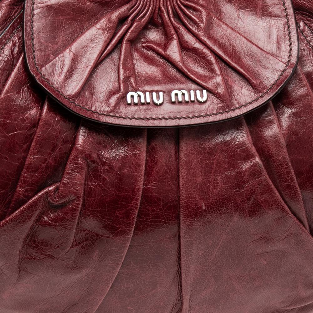 Brown Miu Miu Burgundy Leather Ruched Front Pocket Shoulder Bag