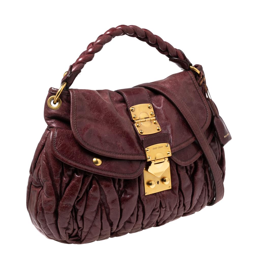 Black Miu Miu Burgundy Matelassé Leather Coffer Hobo