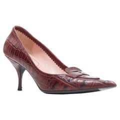 MIU MIU burgundy red mock stamped croc leather pointy toe loafer heel EU37