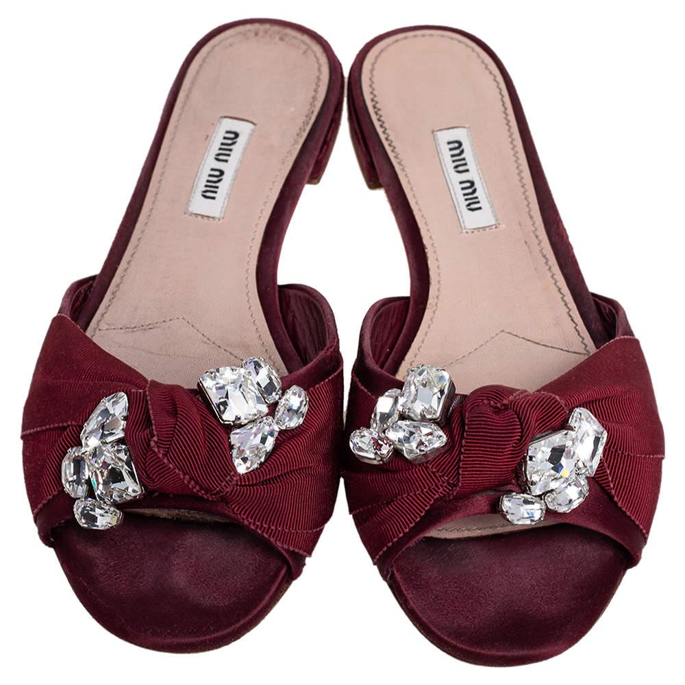 Brown Miu Miu Burgundy Satin and Fabric Knot Slide Flats Size 37.5