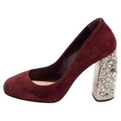 Miu Miu Burgundy Suede Crystal Embellished Block Heel Pumps Size 35