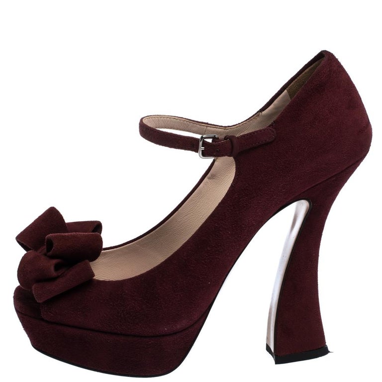 Miu Miu Burgundy Suede Leather Mary Jane Bow Peep Toe Platform Pumps Size  38 For Sale at 1stDibs