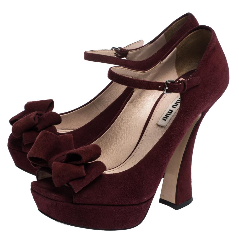 Miu Miu Burgundy Suede Leather Mary Jane Bow Peep Toe Platform Pumps ...