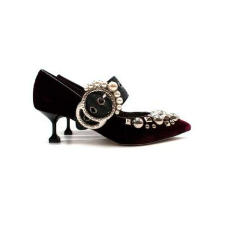 Miu Miu Burgundy Velvet Embellished Kitten Heel Mary Jane Pumps For
