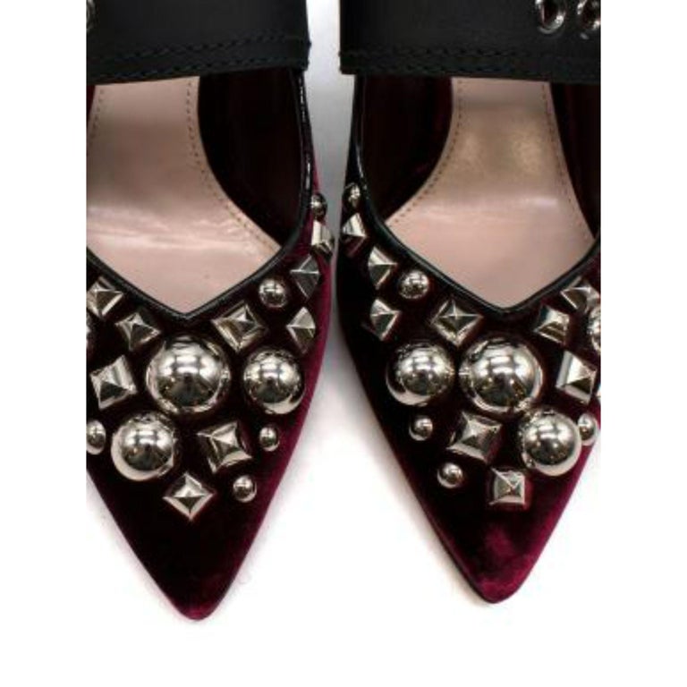 Miu Miu Burgundy Velvet Embellished Kitten Heel Mary Jane Pumps For