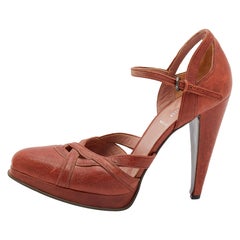 Miu Miu Burnt Orange Leather Ankle Strap Platform Sandals Size 40