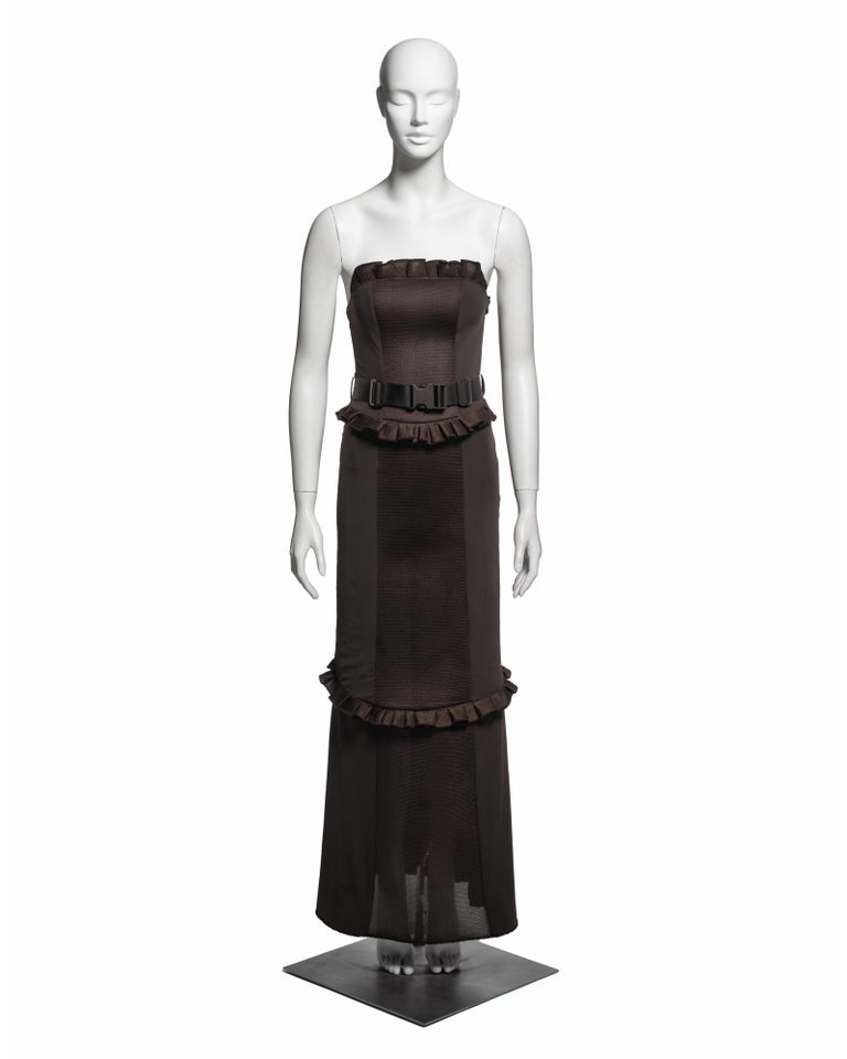 Miu Miu by Miuccia Prada Brown Ruffled Column Dress, FW 1999 For Sale at 1stDibs Miu Miu by Miuccia Prada Brown Ruffled Column Dress, FW 1999 For Sale at 1stDibs