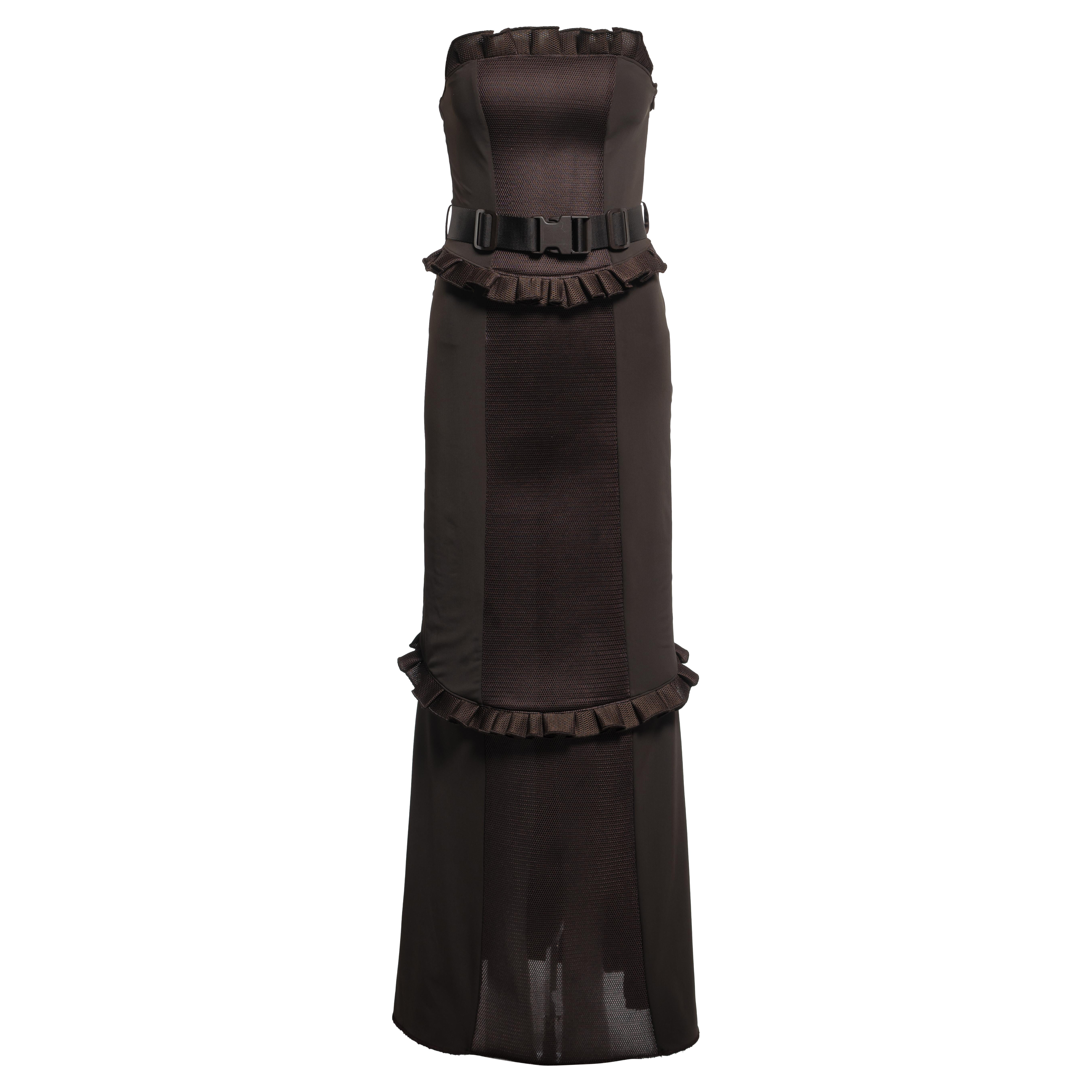 Miu Miu by Miuccia Prada Robe à colonnes à volants, marron, FW 1999 en vente