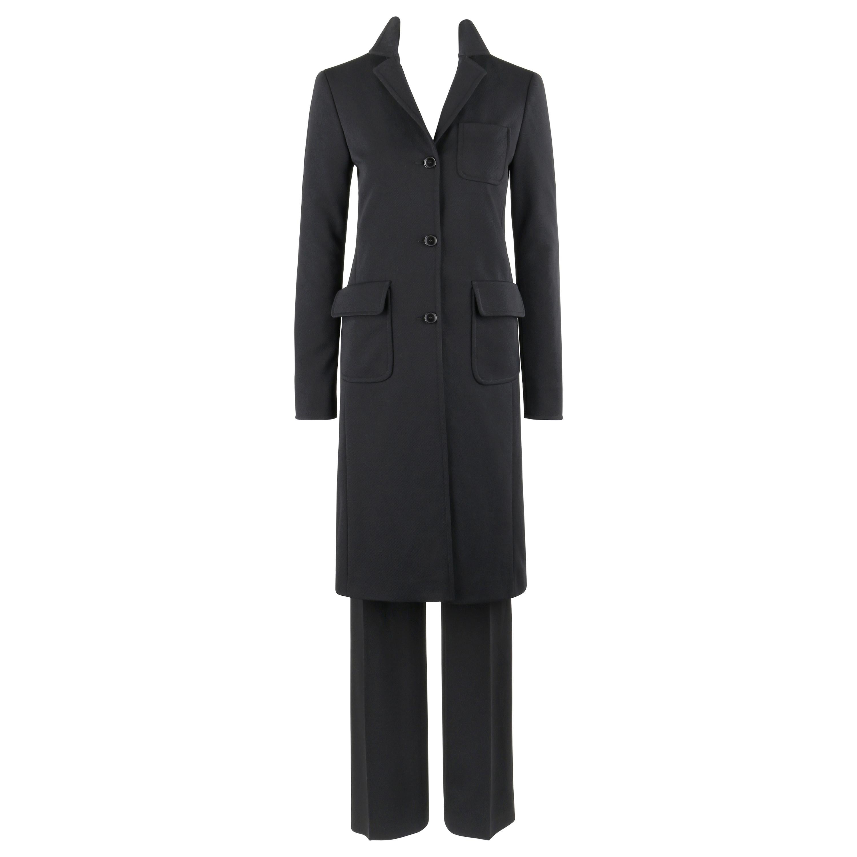 MIU MIU c.2000's PRADA Black Longline Twill Belted Long Jacket Pant Suit Set