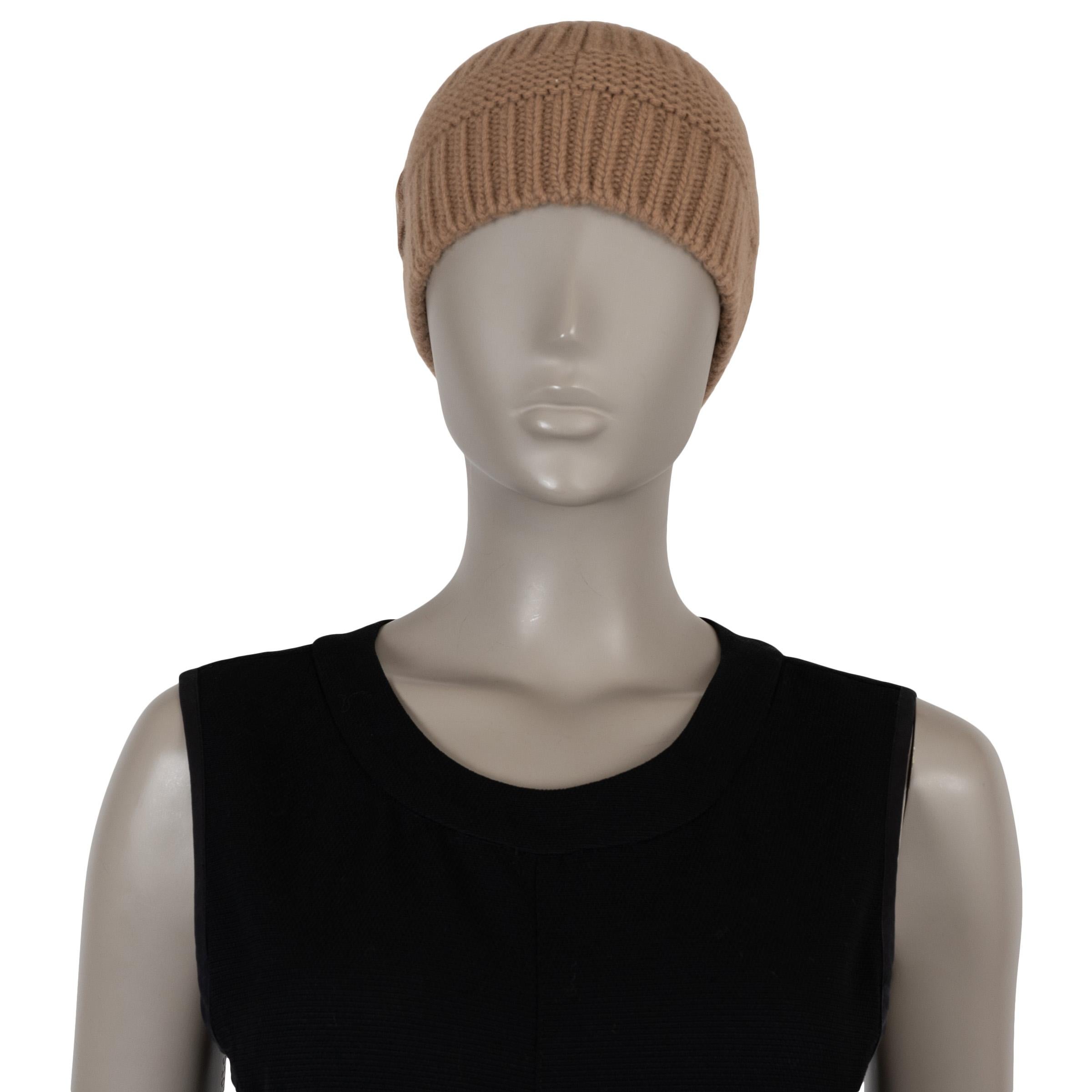 MIU MIU camelbraun Wolle & Kaschmir 2022 LOGO Beanie Hut M (Braun) im Angebot