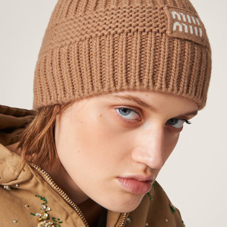 Miu Miu Brown Cable Knit Beanie with Logo Cuff MIU MIU camel brown wool and cashmere 2022 LOGO Beanie Hat M  main image 2