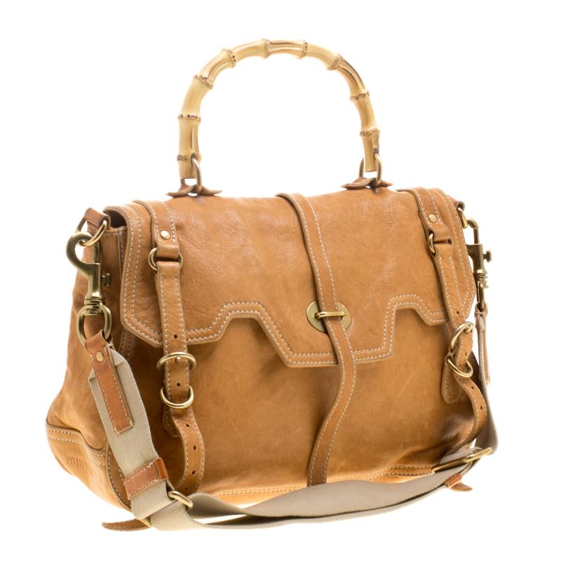 Brown Miu Miu Camel Leather Bamboo Handle Satchel