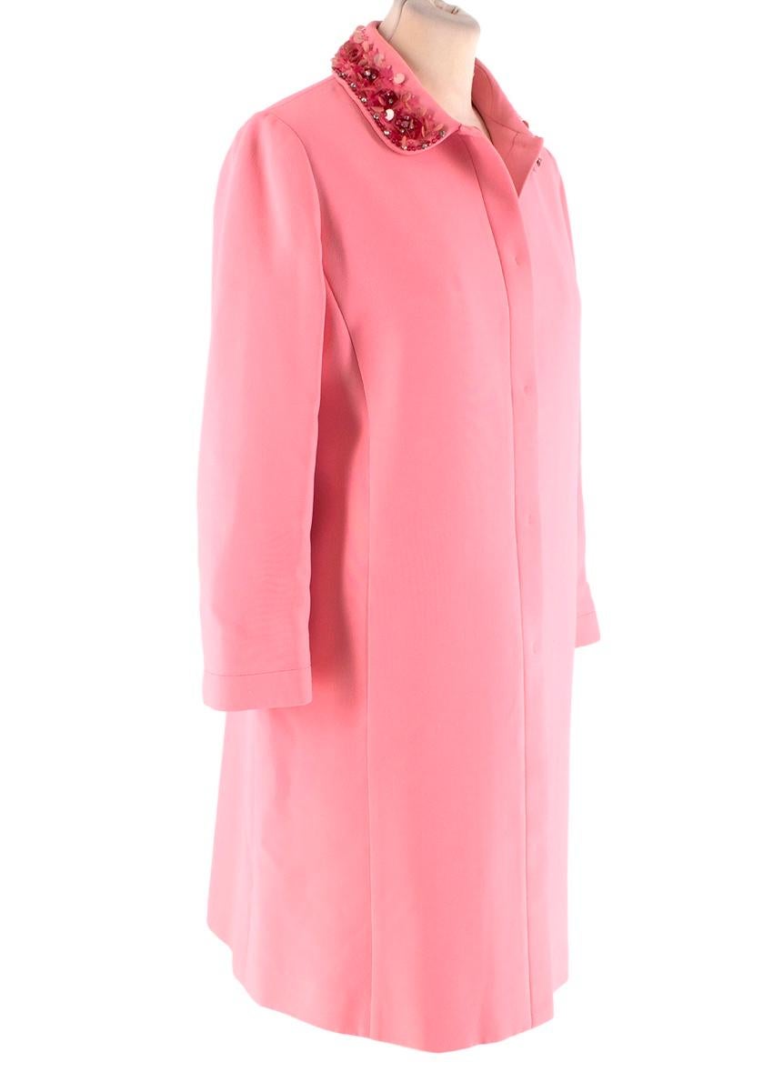  Miu Miu Candy Pink Cady Dress Coat with Sequin Embellished Collar
 

 - 60's inspired dress coat in a punchy candy pink hue
 - Midweight crepe cady, slightly A-line silhouette, finishing above the knee
 - Classic collar with all over 3-D sequin,