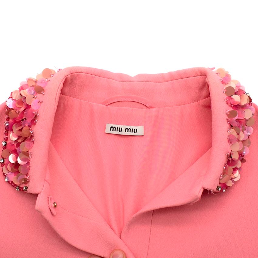 Miu Miu Candy Pink Cady Dress Coat with Sequin Embellished Collar In Excellent Condition For Sale In London, GB