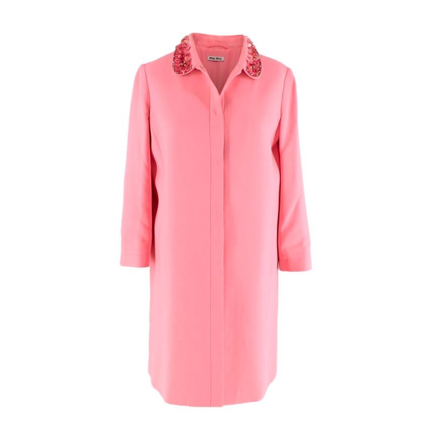 Miu Miu Candy Pink Cady Dress Coat with Sequin Embellished Collar For Sale