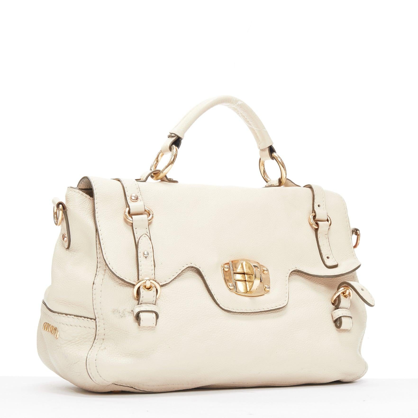Beige MIU MIU Cervo beige textured leather gold logo turnlock satchel bag
