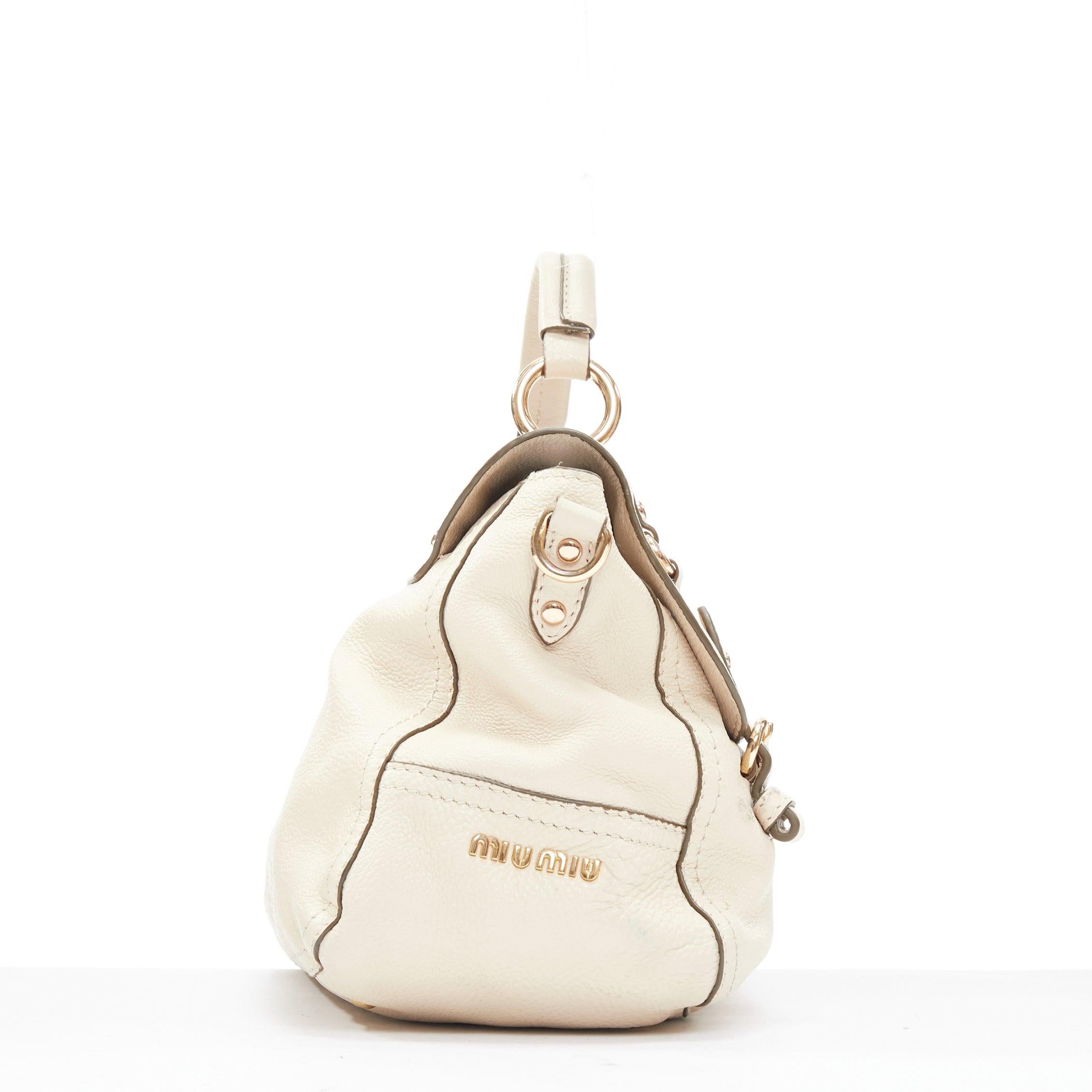 MIU MIU Cervo beige textured leather gold logo turnlock satchel bag In Fair Condition In Hong Kong, NT