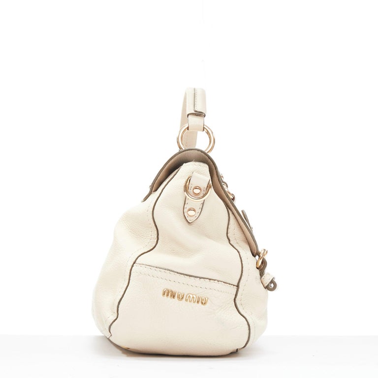 MIU MIU Cervo beige textured leather gold logo turnlock satchel 