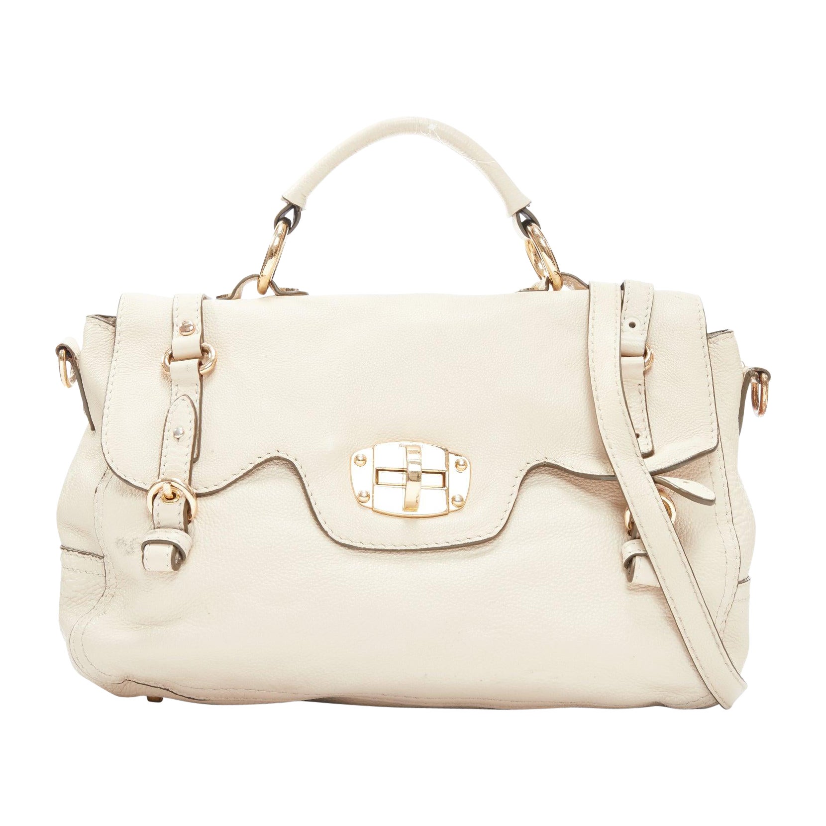 MIU MIU Cervo beige textured leather gold logo turnlock satchel bag
