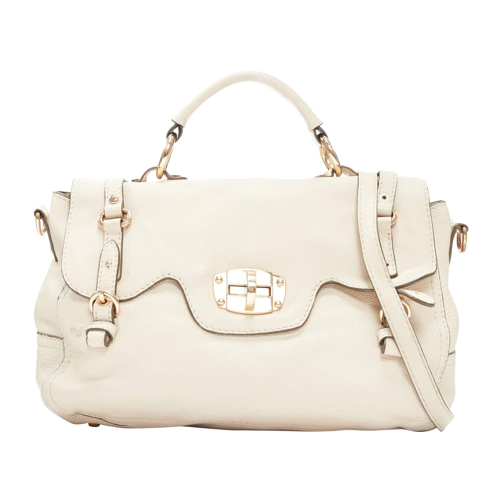 MIU MIU Cervo beige textured leather gold logo turnlock satchel bag