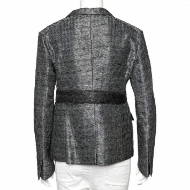 Women's Miu Miu Charcoal Grey Patterned Lurex Silk Button Front Blazer M For Sale