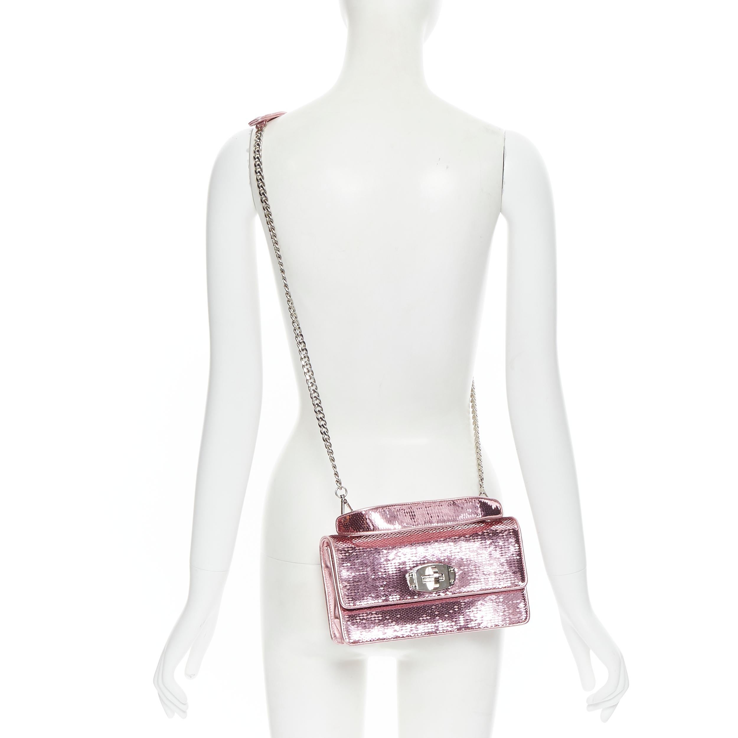 MIU MIU Cleo pink sequins silver chunky chain flap shoulder bag 
Reference: TGAS/B00584 
Brand: Miu Miu 
Designer: Miuccia Prada 
Model: Cleo 
Material: Leather 
Color: Pink 
Pattern: Solid 
Closure: Turnlock 
Estimated Retail Price: US $1500 
Made