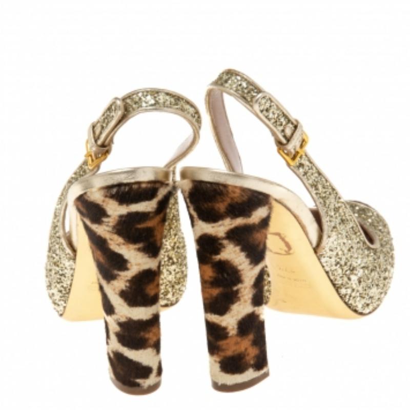 Women's Miu Miu Coarse Glitter Leopard Print Calf Hair Cap-Toe Slingback Pumps Size 37.5 For Sale
