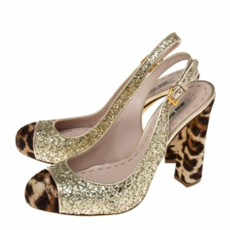 Miu Miu Coarse Glitter Leopard Print Calf Hair Cap-Toe Slingback Pumps Size 37.5 For Sale 2