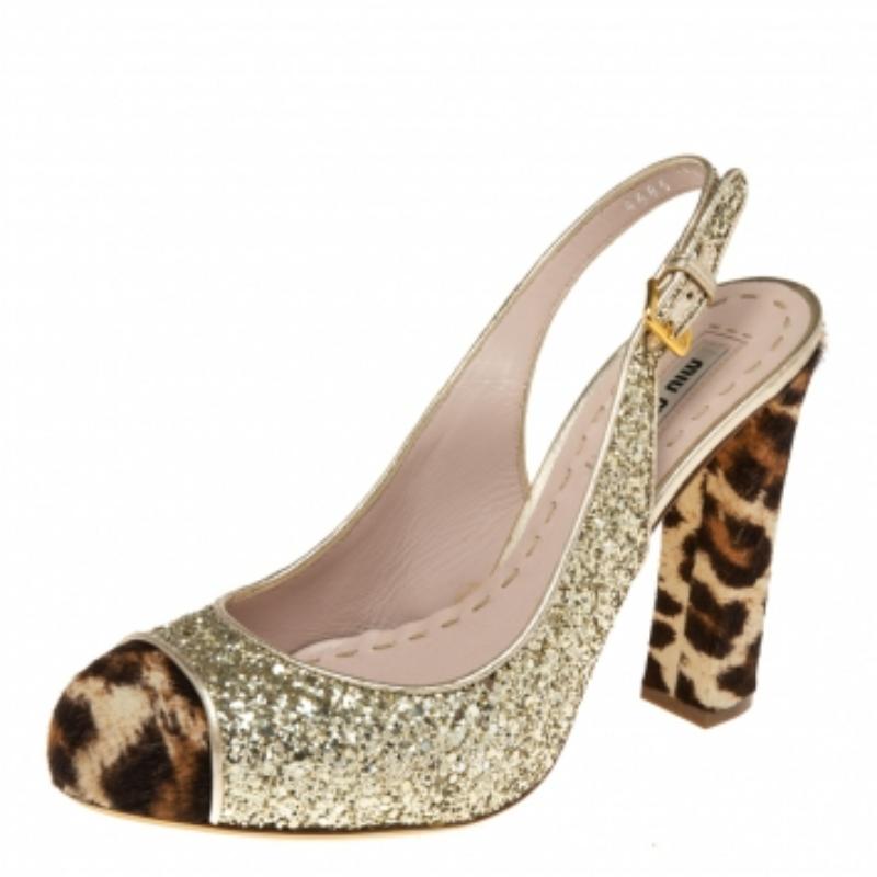 Miu Miu Coarse Glitter Leopard Print Calf Hair Cap-Toe Slingback Pumps Size 37.5 For Sale 3