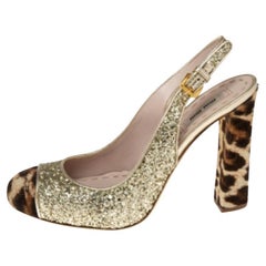 Miu Miu Coarse Glitter Leopard Print Calf Hair Cap-Toe Slingback Pumps Size 37.5