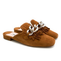 MIU MIU Cognac Suede Kiltie Fringe Chain Loafer Flats 38