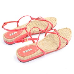 Miu Miu Coral Ankle Strap Leather & Woven Straw Sandals Size 37