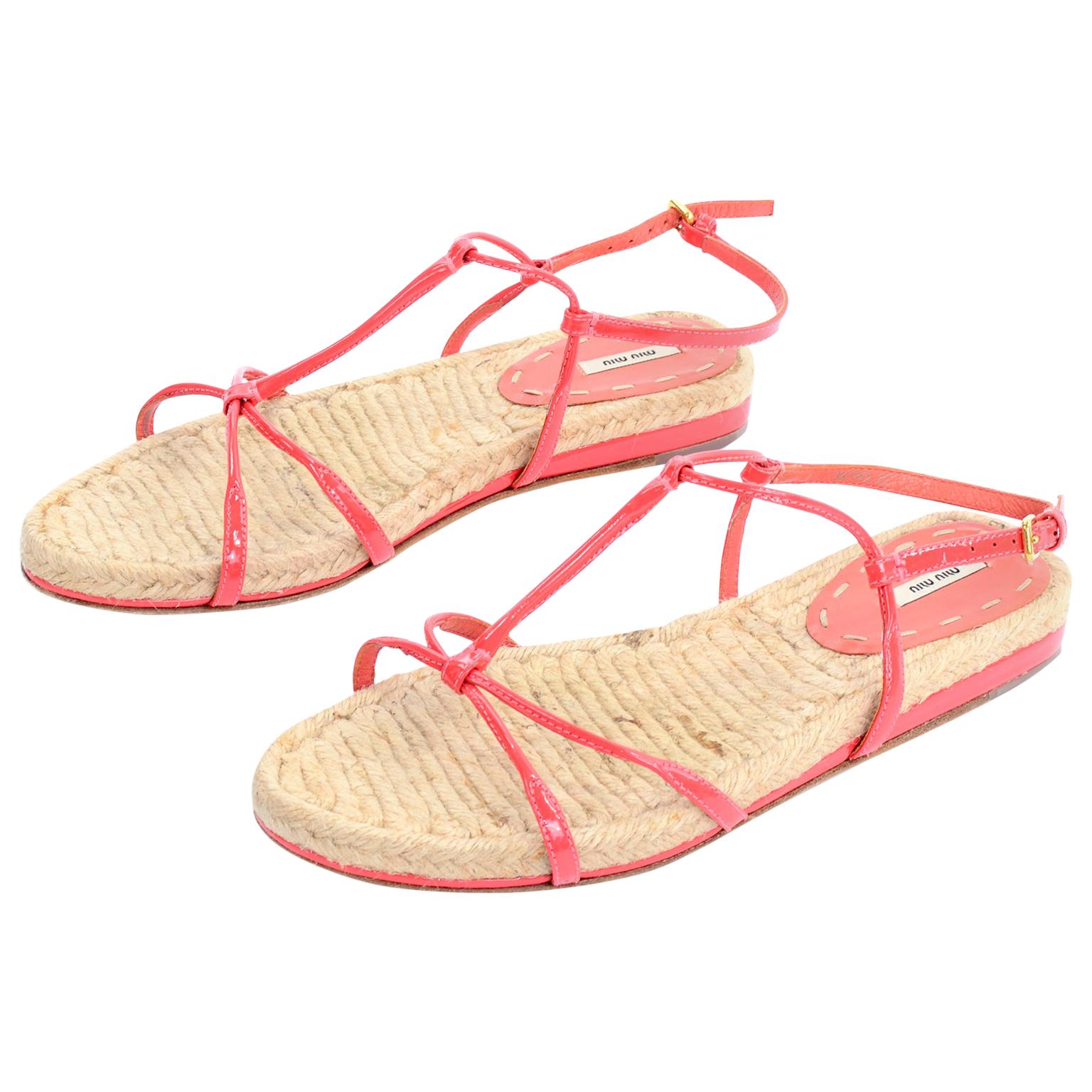Miu Miu Coral Ankle Strap Leather & Woven Straw Sandals Size 37	
