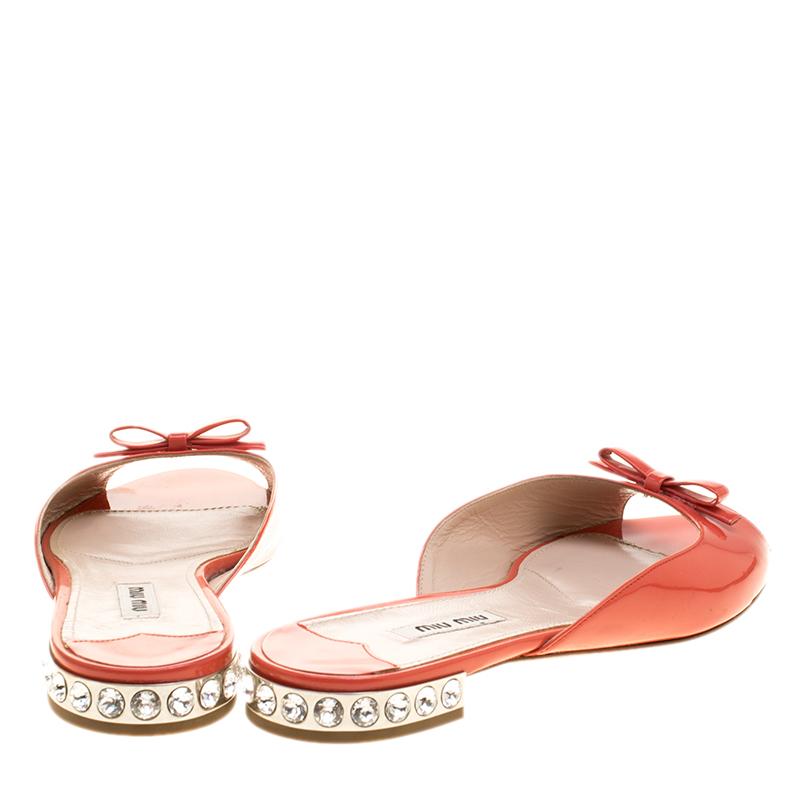 Pink Miu Miu Coral Patent Leather Bow Detail Jeweled Heel Flat Slides Size 38