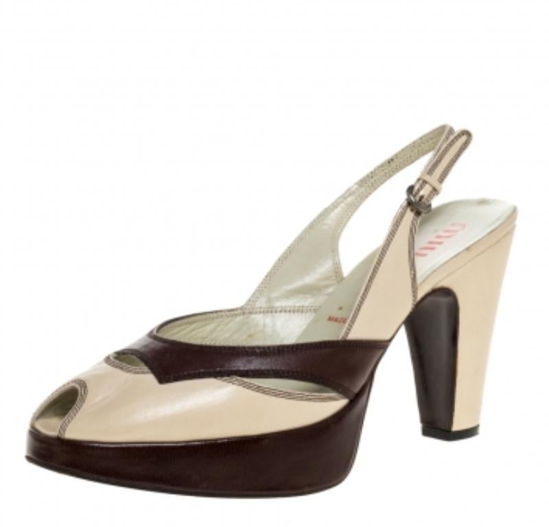 Miu Miu Cream/Brown Leather Peep Toe Platform Slingback Sandals Size 38.5 For Sale 1