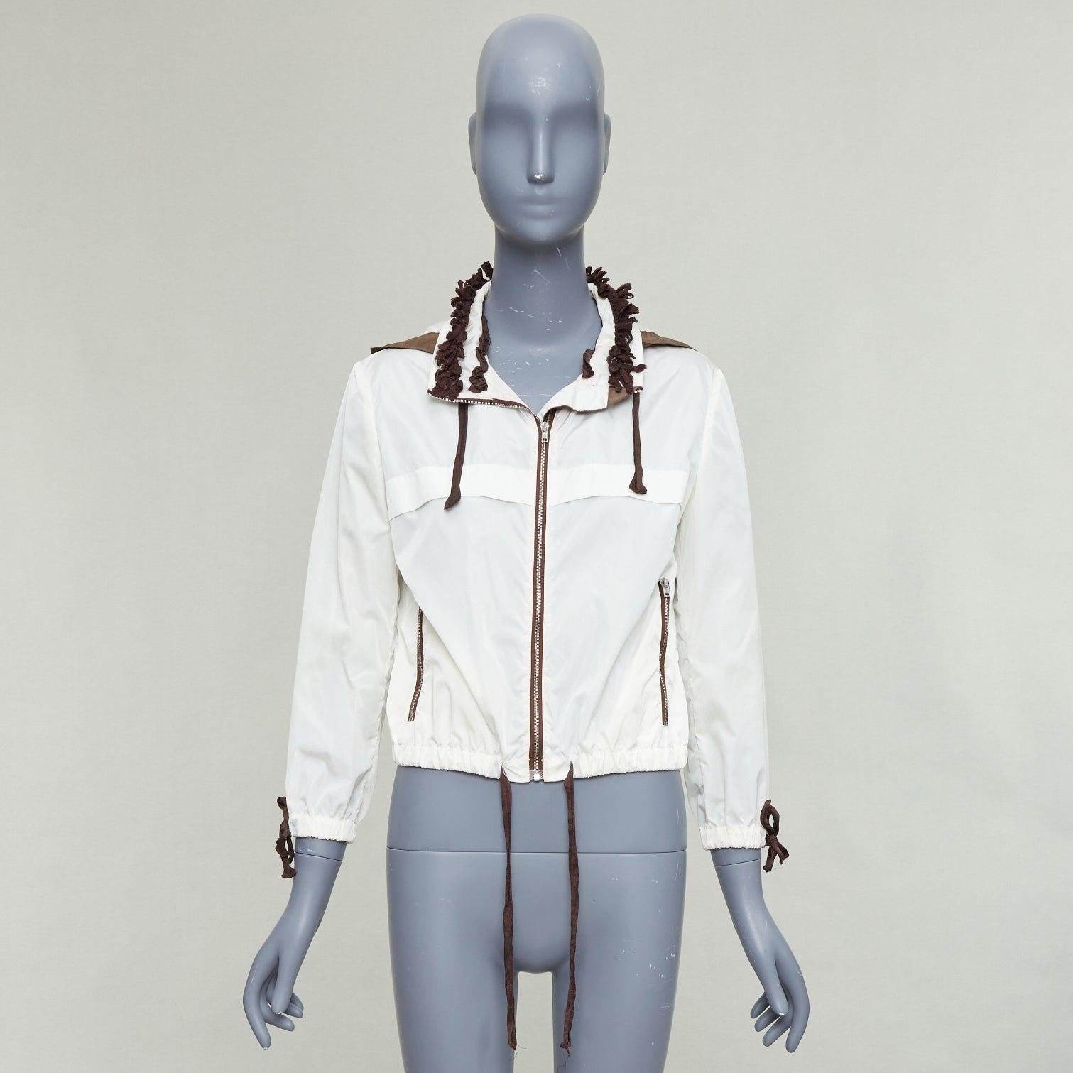 MIU MIU cream brown nylon ruffle lace trim cropped windbreaker IT42 M en venta 5