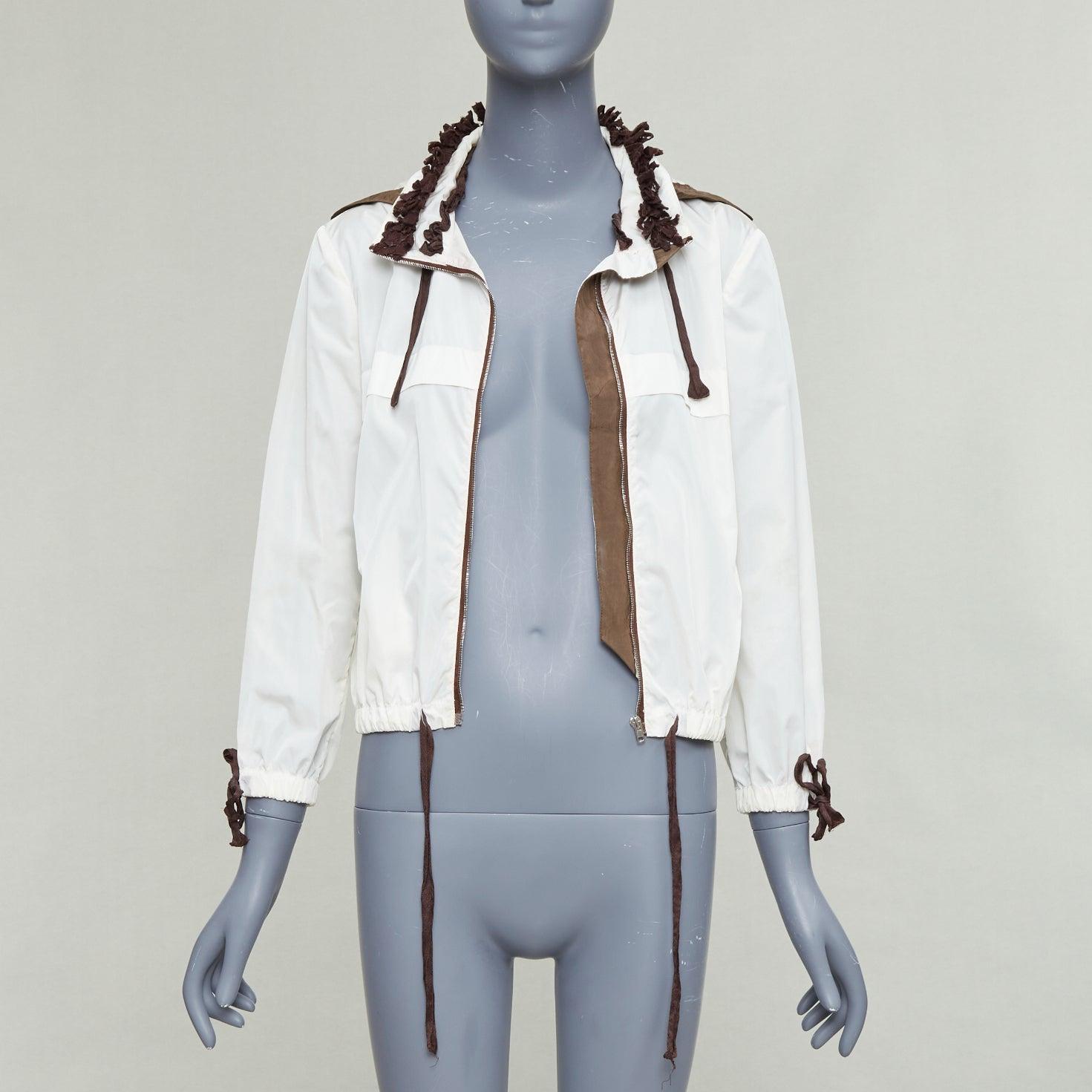 MIU MIU cream brown nylon ruffle lace trim cropped windbreaker IT42 M Blanco en venta