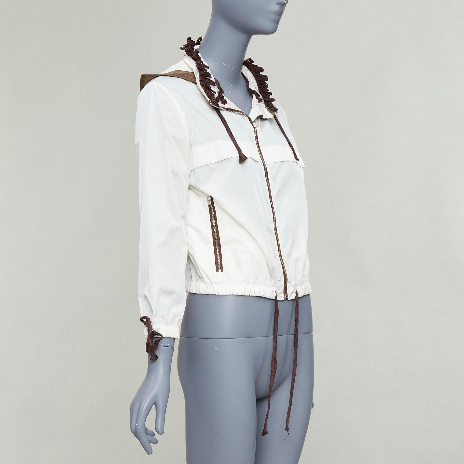 MIU MIU cream brown nylon ruffle lace trim cropped windbreaker IT42 M en Bastante bueno estado para la venta en Hong Kong, NT