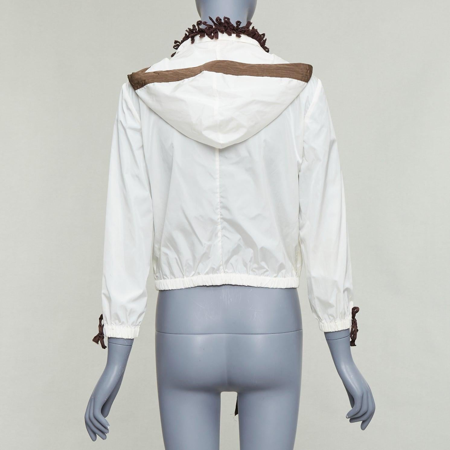 MIU MIU cream brown nylon ruffle lace trim cropped windbreaker IT42 M en venta 1