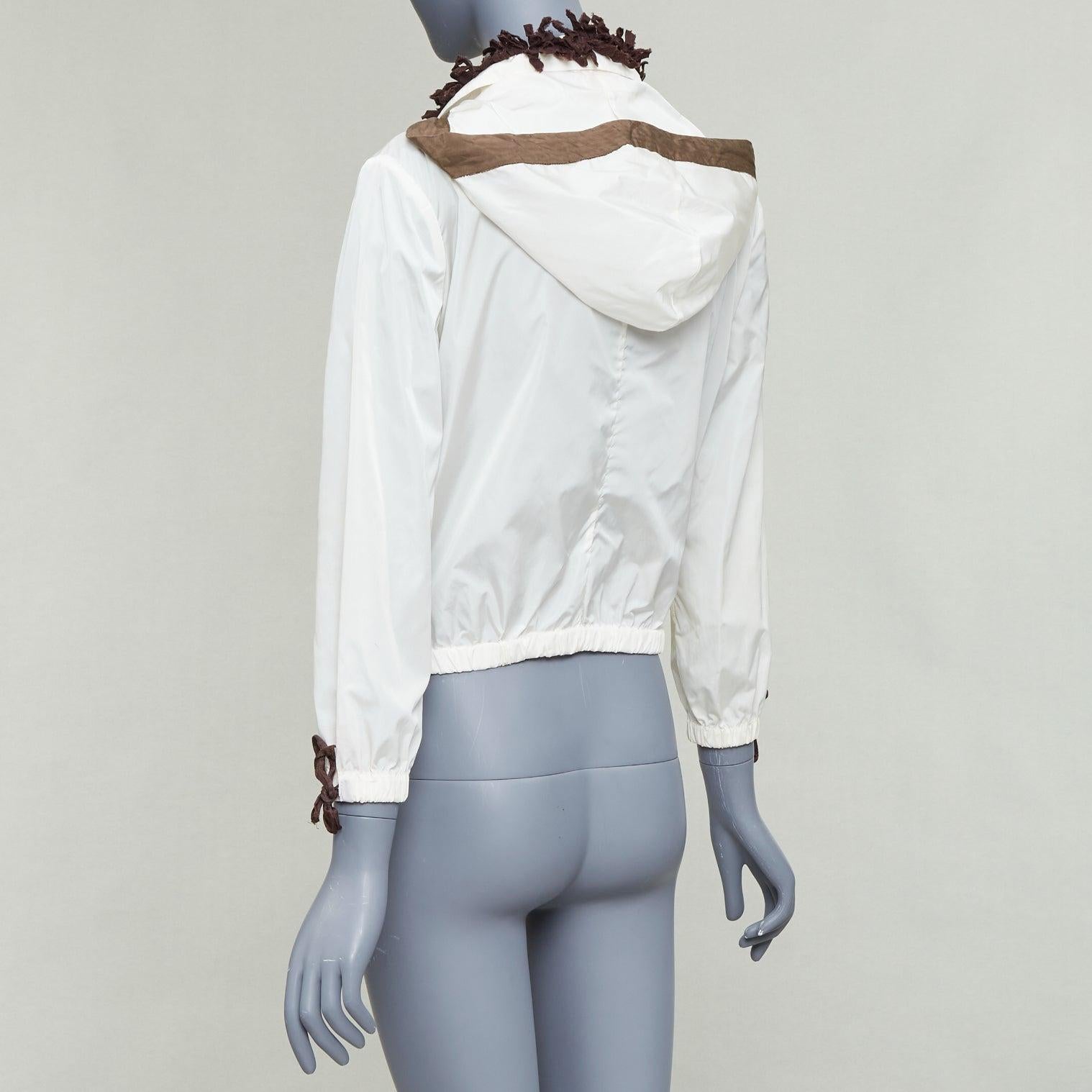 MIU MIU cream brown nylon ruffle lace trim cropped windbreaker IT42 M en venta 2