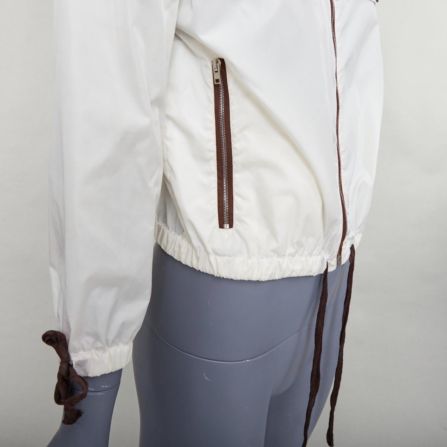 MIU MIU cream brown nylon ruffle lace trim cropped windbreaker IT42 M en venta 3